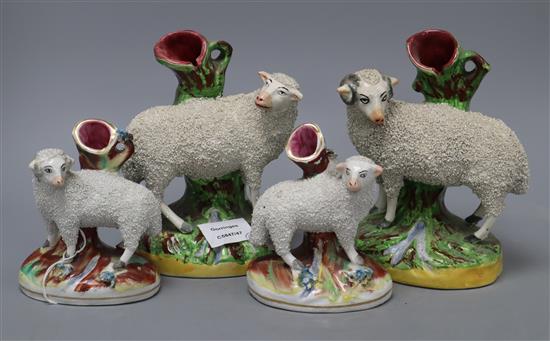 Two pairs of Staffordshire sheep, tallest 18cm